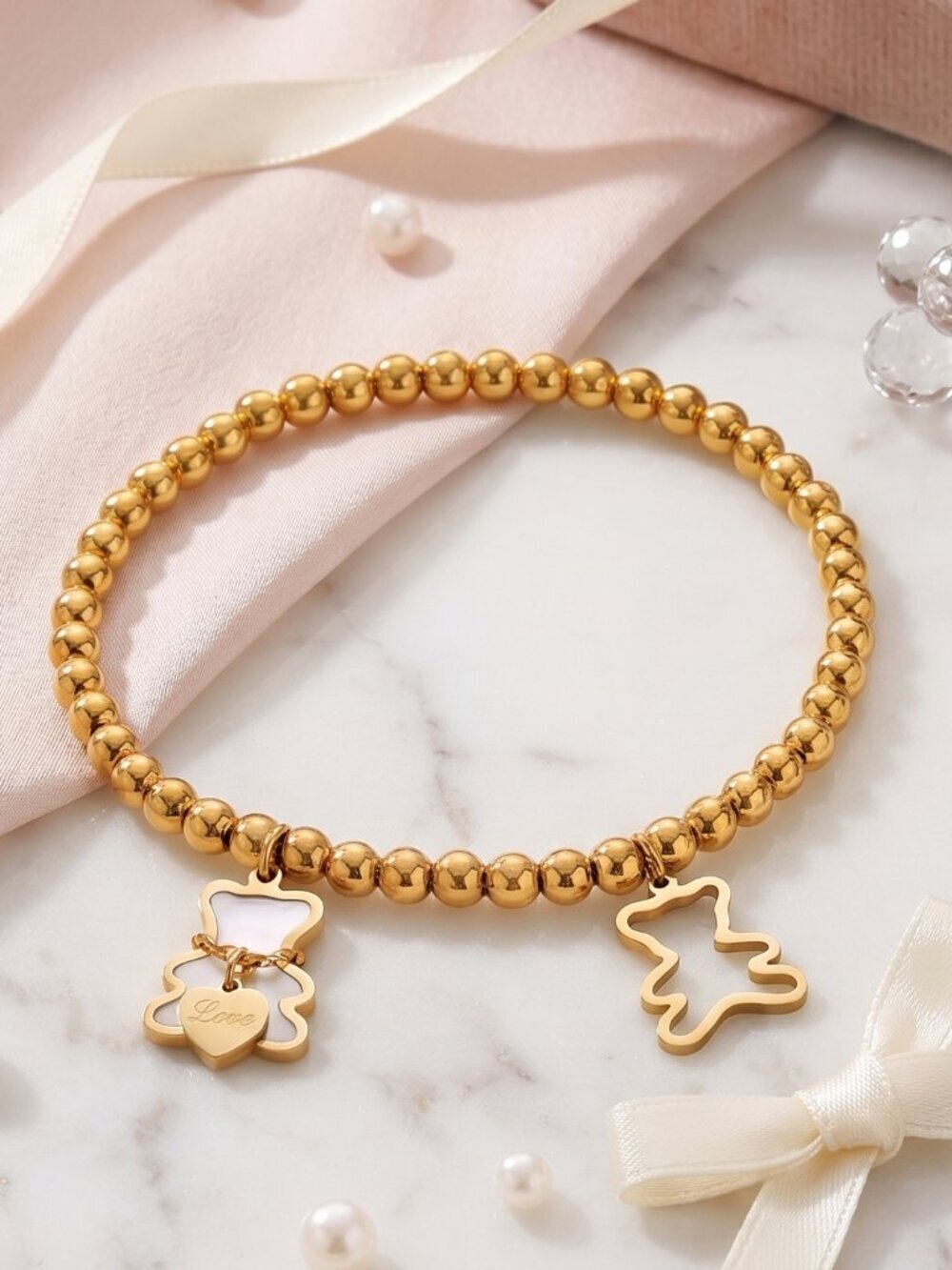 18K Gold Plated Stainless Steel Love Bear Charm Coquette Beaded Stretch Bracelet